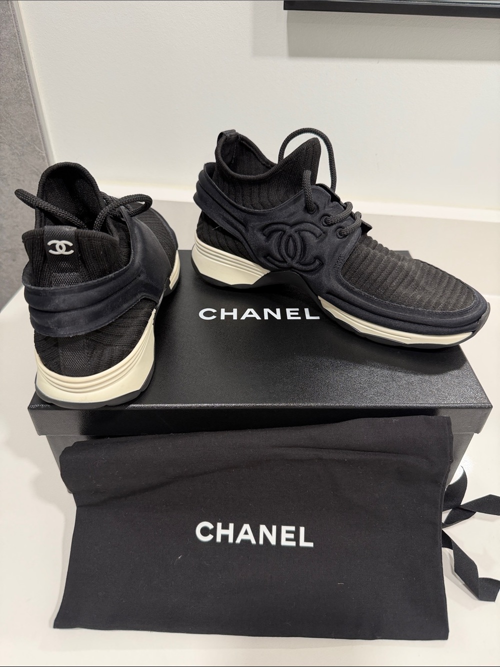 CHANEL Black Knit & Ivory-Trim Logo Runner Sneakers